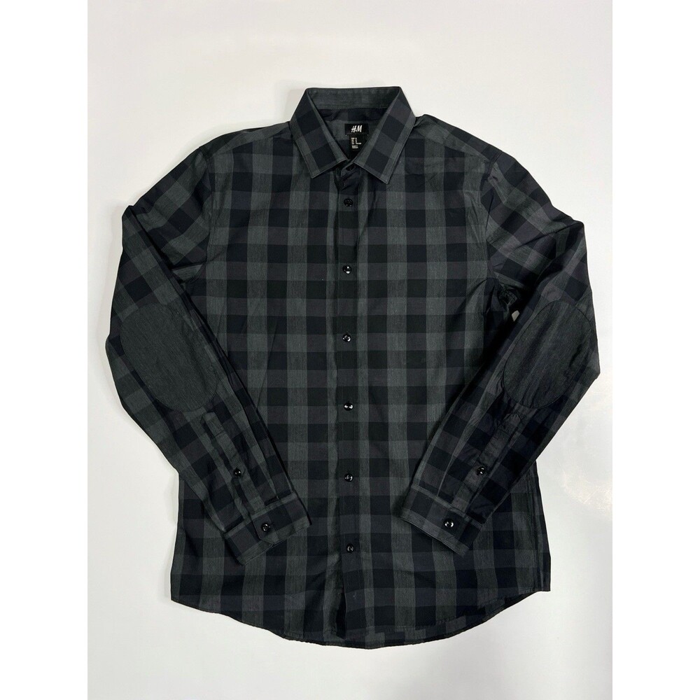 H&M Checkered Button Up Long Sleeve Shirt Black Grey Men's Size M - Preowned